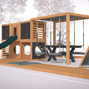 modułowy plac zabaw ze zjeżdżalnią, stołem piknikowym i namiotem