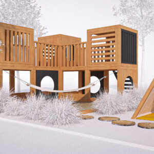 modułowy plac zabaw ze zjeżdżalnią, hamakiem i namiotem