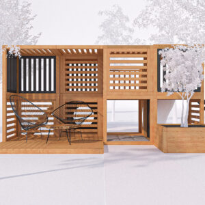 modułowy plac zabaw z fotelami i stolikiem dla dorosłych