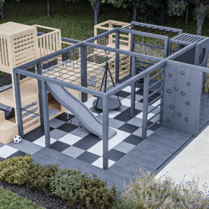 modułowy plac zabaw z huśtawką, bocianim gniazdem i ścianką wspinaczkową wizualizacja